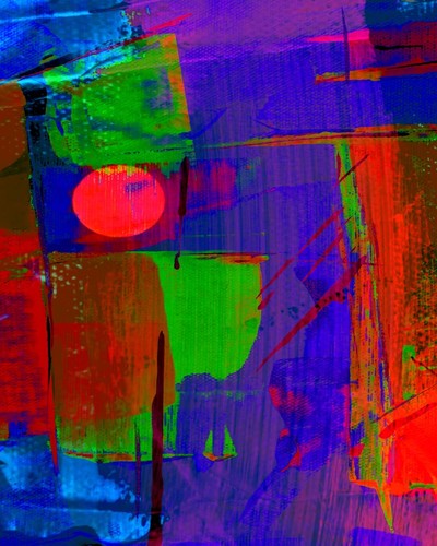 Energetic abstract artwork featuring bold reds, greens, and blues in a dynamic composition.